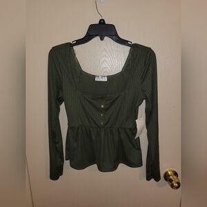 Electric Behaviour Olive Green Ribbed Babydoll Top NWT Womens Size XS